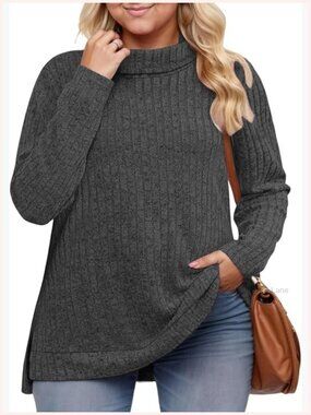 Plus Size Turtleneck Lightweight Sweater Womens Tunic Side Split Long Sleeve